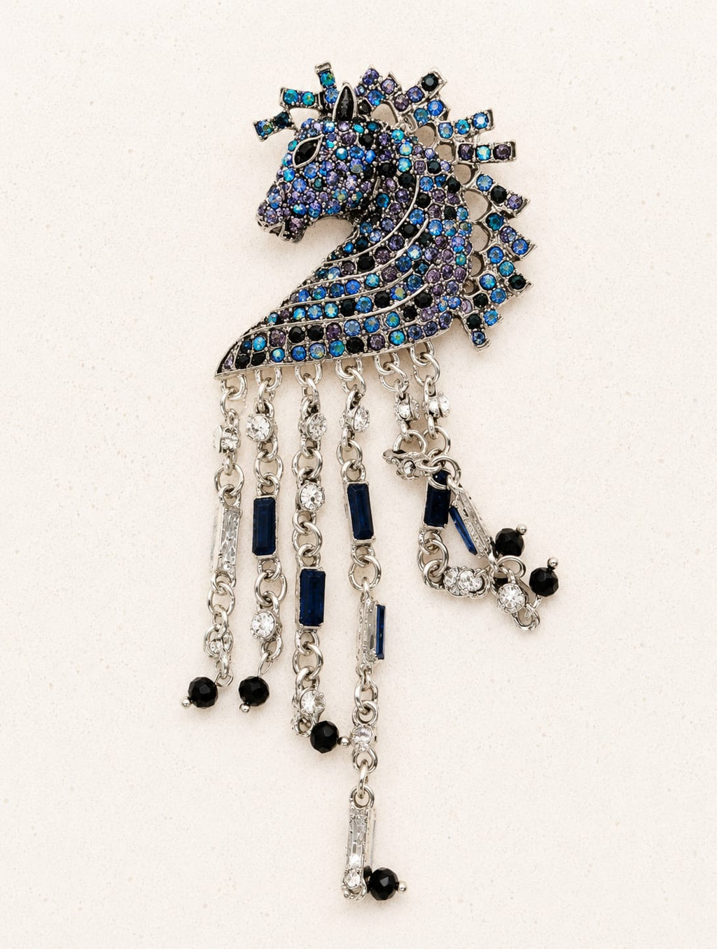 Blue Crystal Horse Head Tassel Brooch