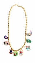 Elegant Gold-Tone Beaded Charm Necklace with Floral & Leaf Pendants