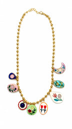 Elegant Gold-Tone Beaded Charm Necklace with Floral & Leaf Pendants