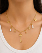 Elegant Gold Charm Necklace with Pearl & Key Charms