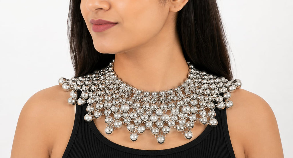Silver Beaded Statement Bib Necklace