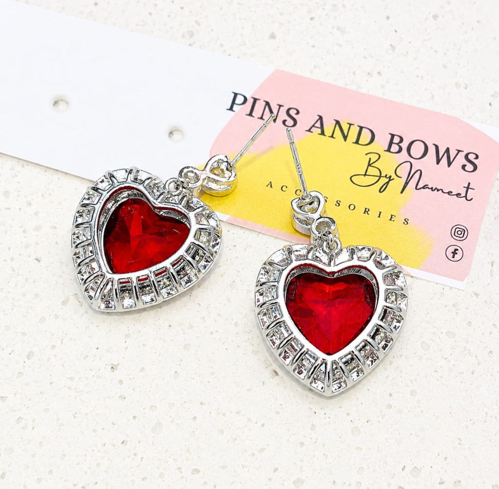 Luxury Ruby Heart Crystal Drop Earrings | Silver-Tone Statement Earrings for Women