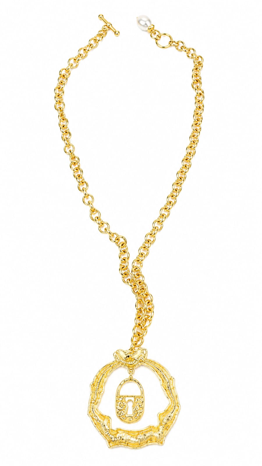 Chunky Golden Lock Pendant Necklace – Statement Y-Chain Necklace