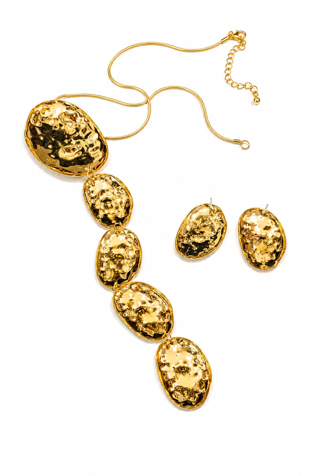 Golden Hammered Oval Statement Necklace & Earrings Set