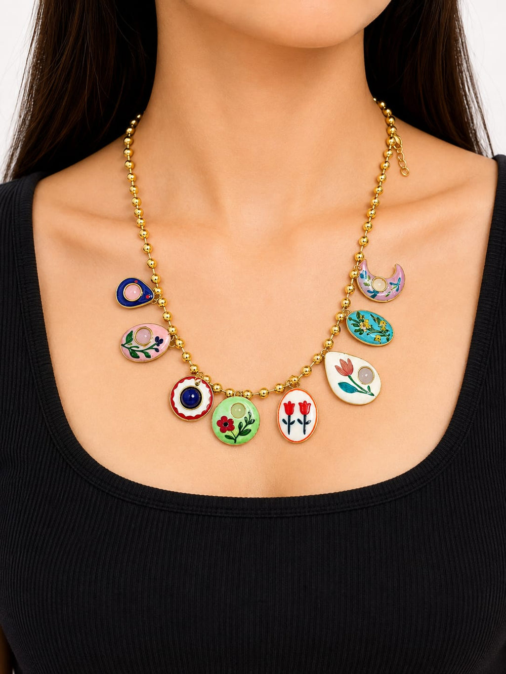 Elegant Gold-Tone Beaded Charm Necklace with Floral & Leaf Pendants
