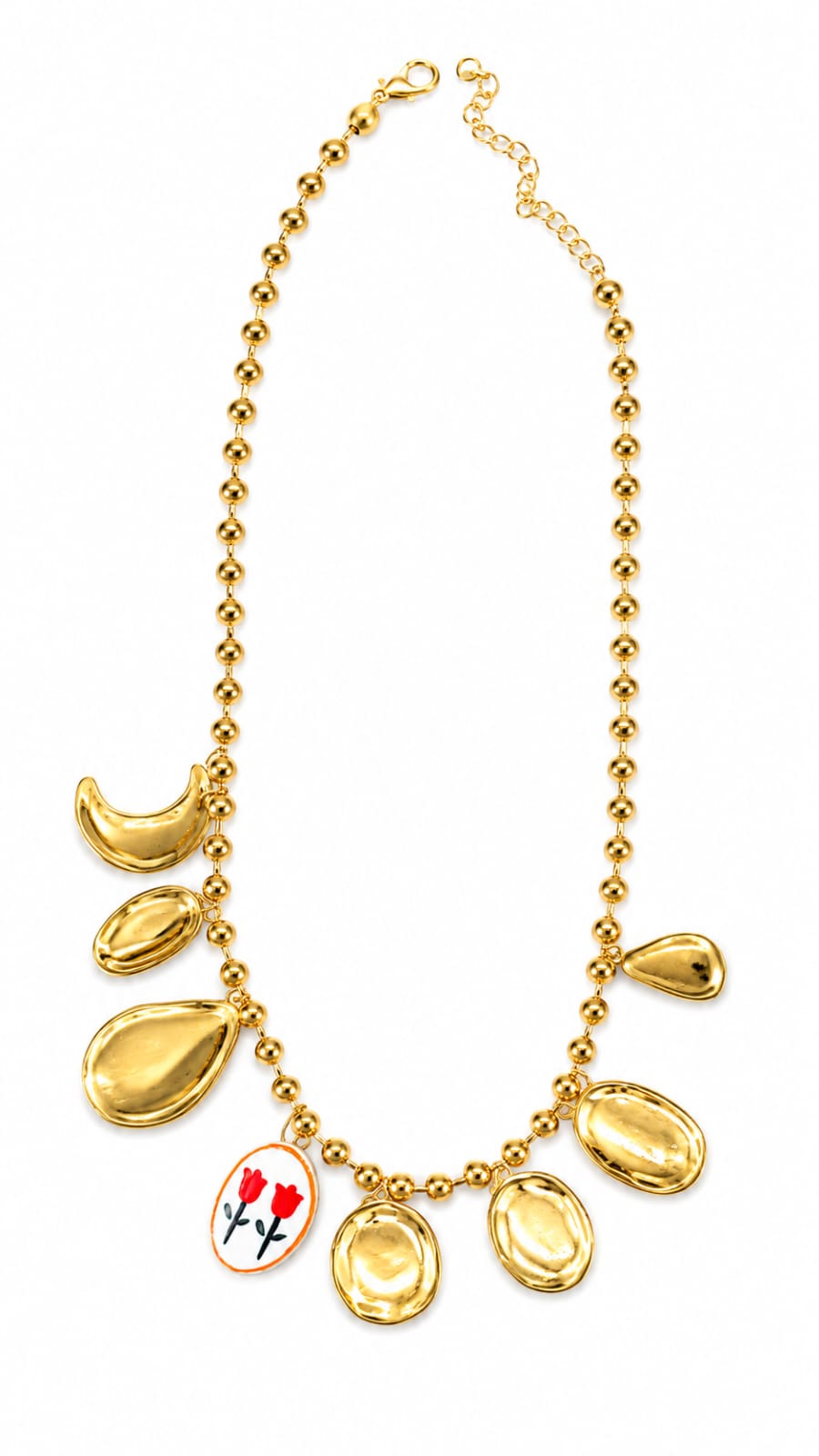 Elegant Gold-Tone Beaded Charm Necklace with Floral & Leaf Pendants