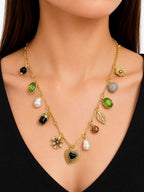 Elegant Gold-Tone V-Shaped Multi-Charm Necklace for