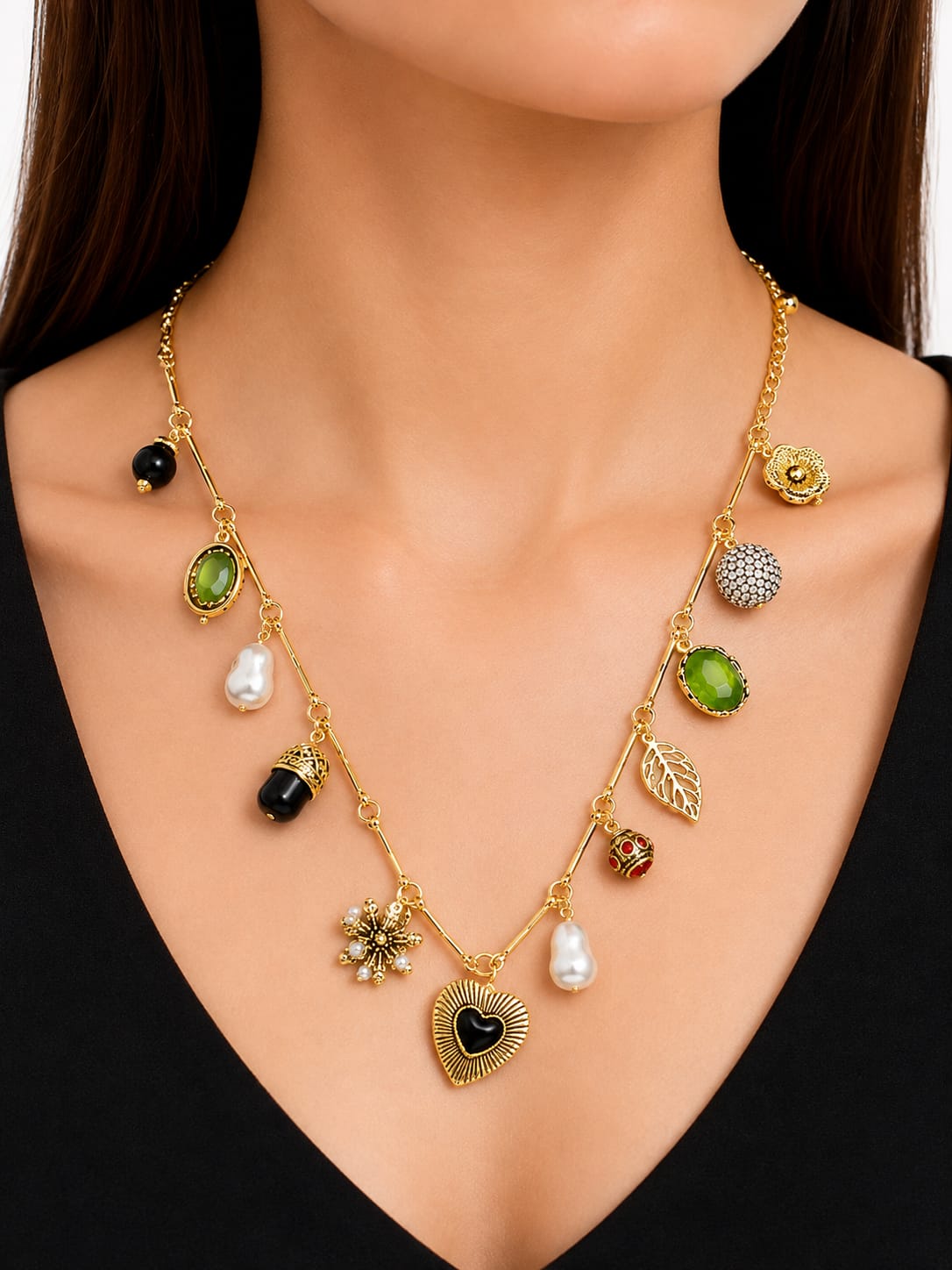 Elegant Gold-Tone V-Shaped Multi-Charm Necklace for