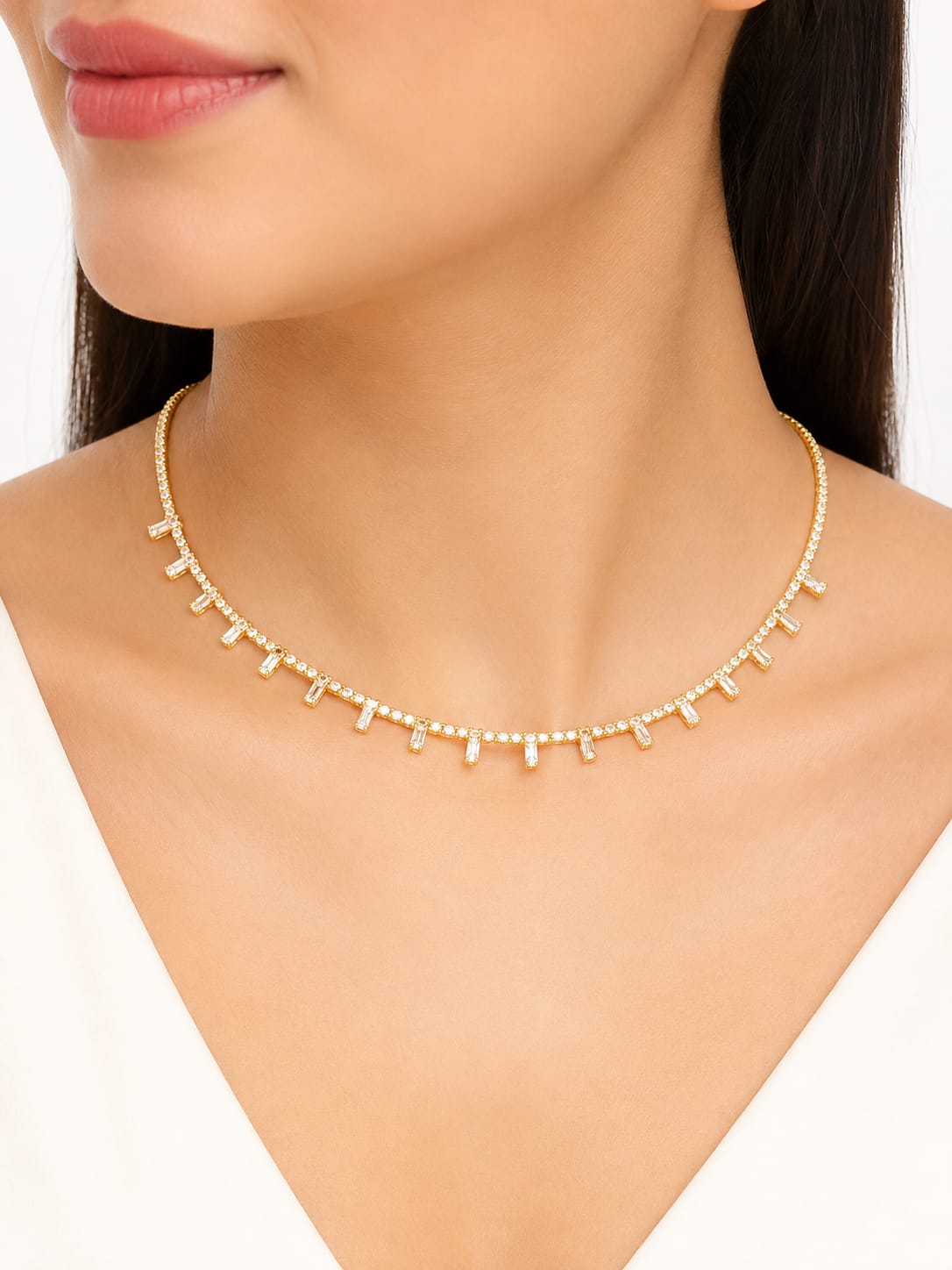 Elegant Gold Baguette Drop Diamond Choker Necklace