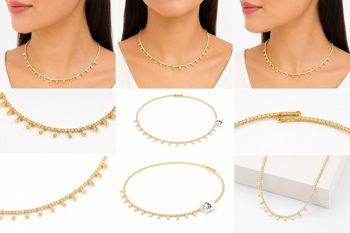 Elegant Gold Baguette Drop Diamond Choker Necklace