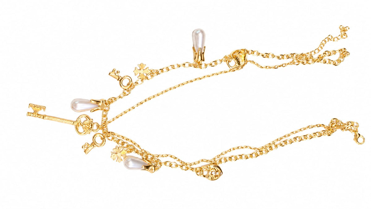 Elegant Gold Charm Necklace with Pearl & Key Charms