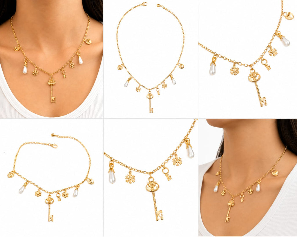 Elegant Gold Charm Necklace with Pearl & Key Charms
