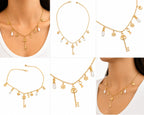 Elegant Gold Charm Necklace with Pearl & Key Charms