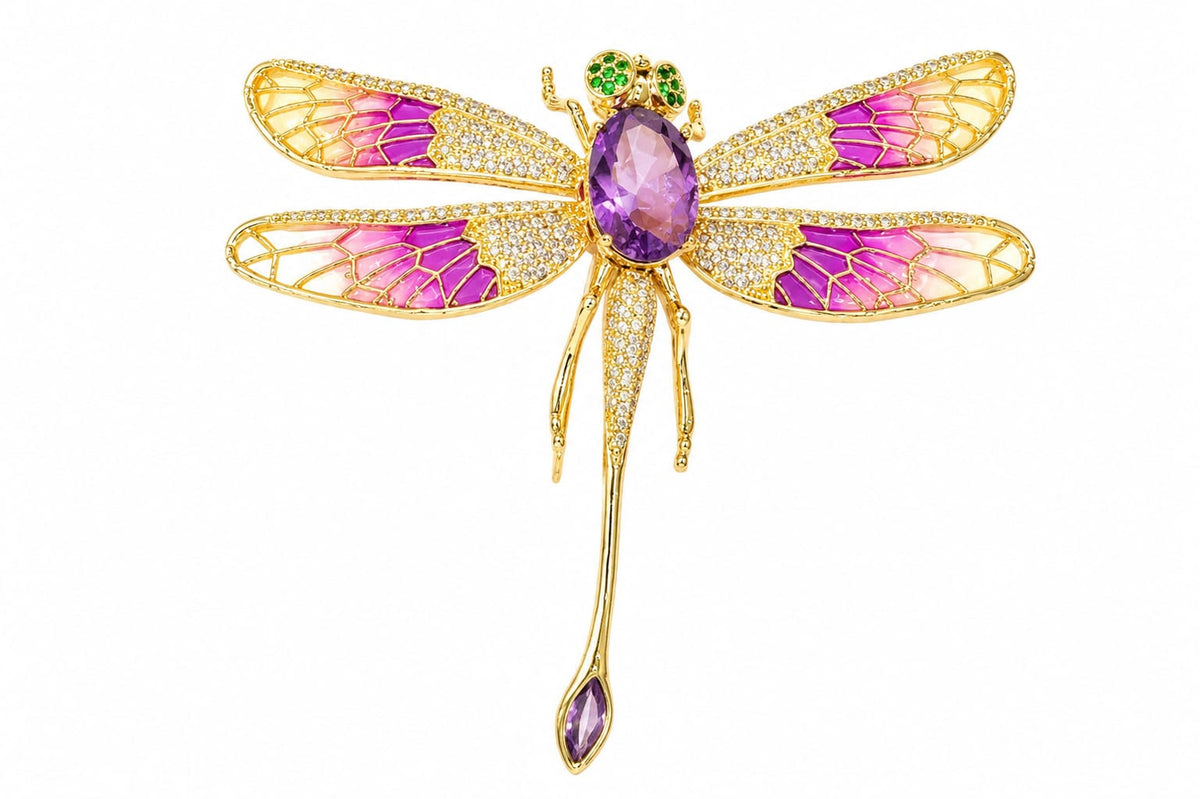 Elegant Pink Enamel Dragonfly Brooch Pin